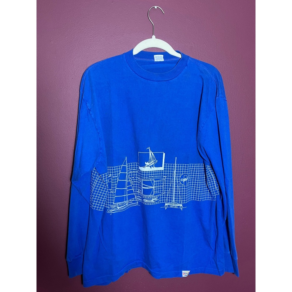 Vintage Crazy Shirts Hawaii Blue Long Sleeve Sailboat Blueprint Graphic Tee